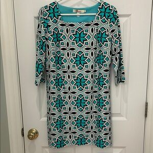 Elegant Geometric Midi Dress in Teal and Black